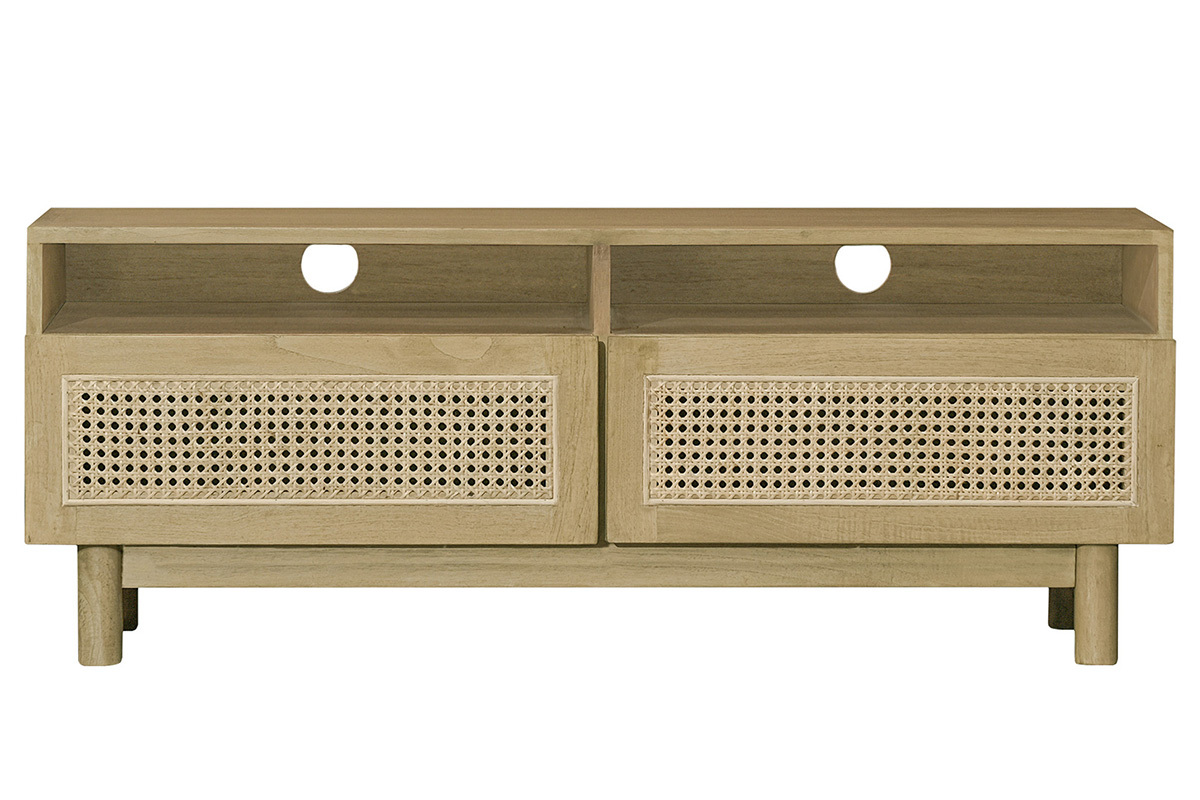 Meuble TV en bois clair et cannage rotin L120 cm GALINA