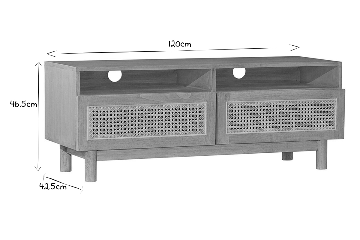 Meuble TV en bois clair et cannage rotin L120 cm GALINA