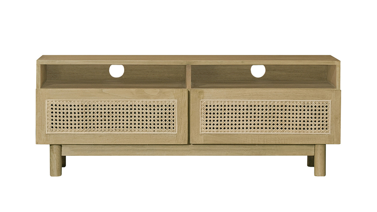 Meuble TV en bois clair et cannage rotin L120 cm GALINA