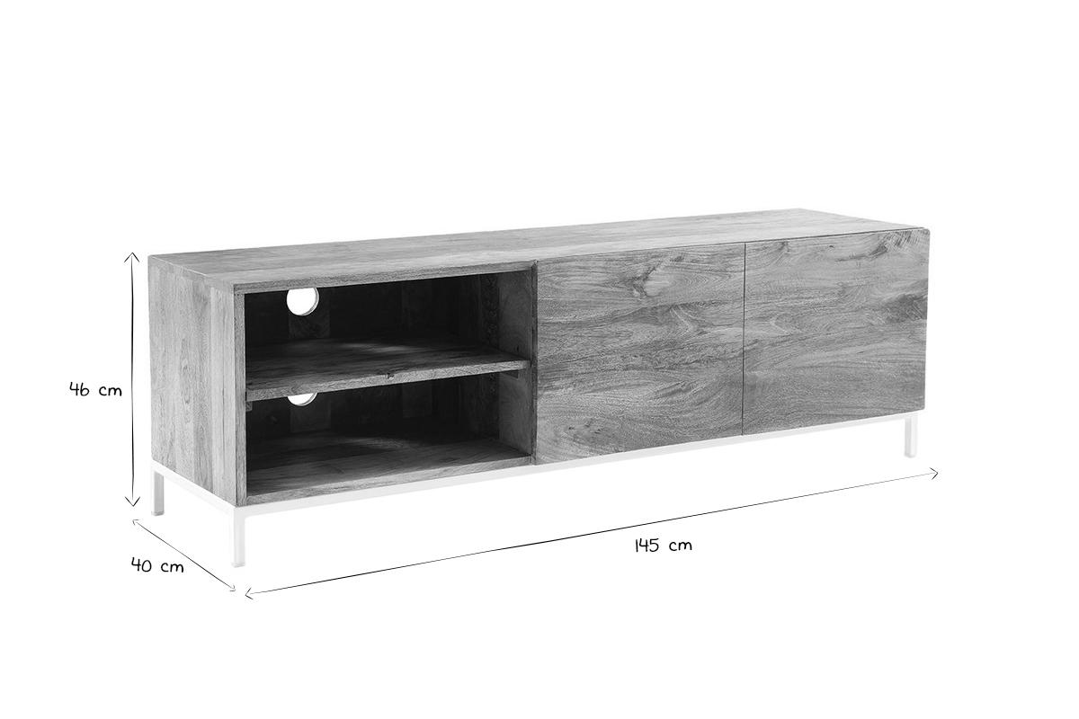 Meuble TV en bois manguier massif et mtal blanc 145cm BOHO