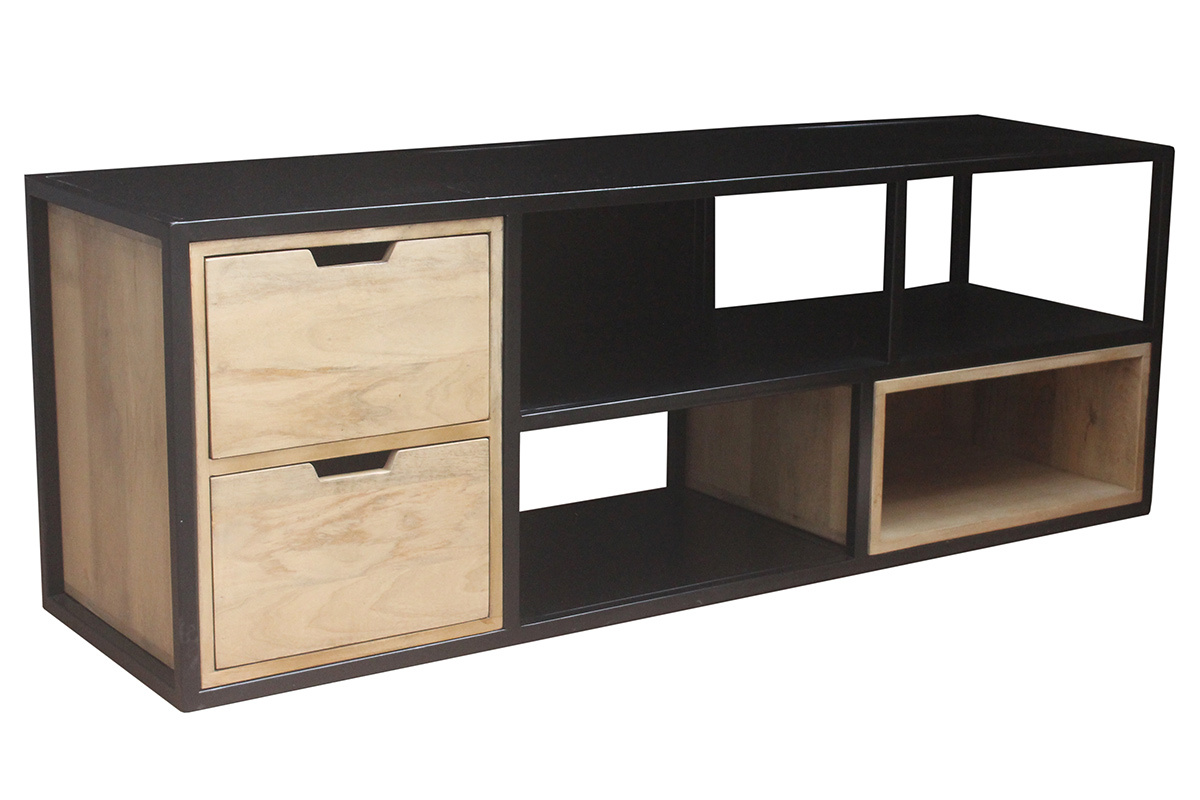 Meuble TV en bois manguier massif et mtal noir L140 cm JAIPUR