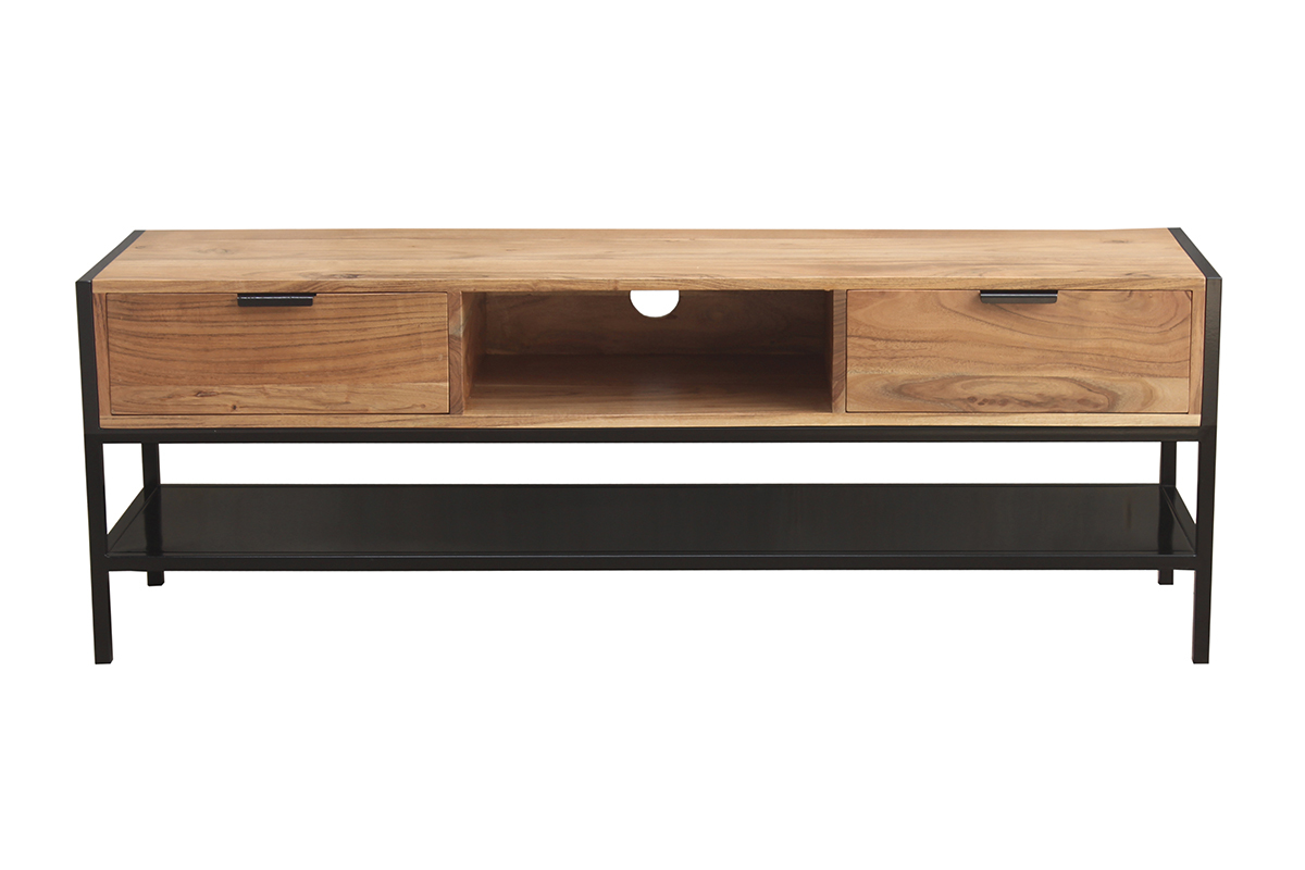 Meuble TV en bois massif et mtal noir 2 tiroirs 140cm ARTHUS