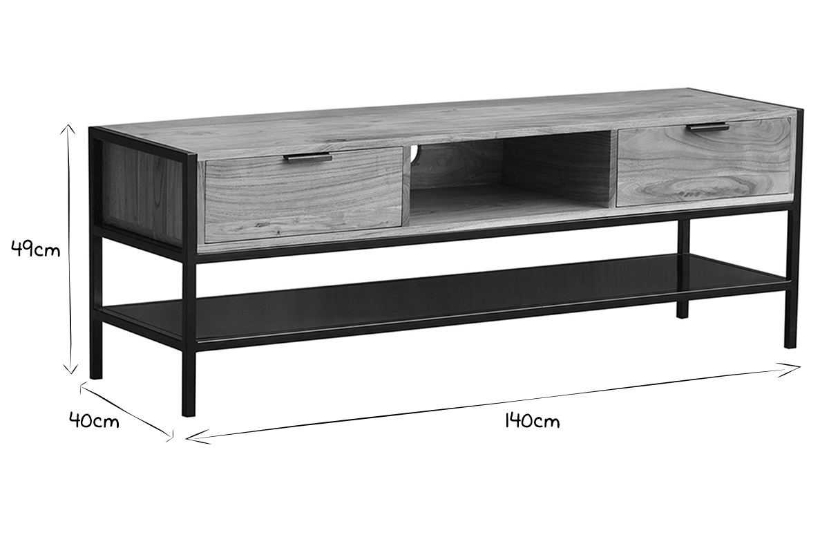 Meuble TV en bois massif et mtal noir 2 tiroirs 140cm ARTHUS