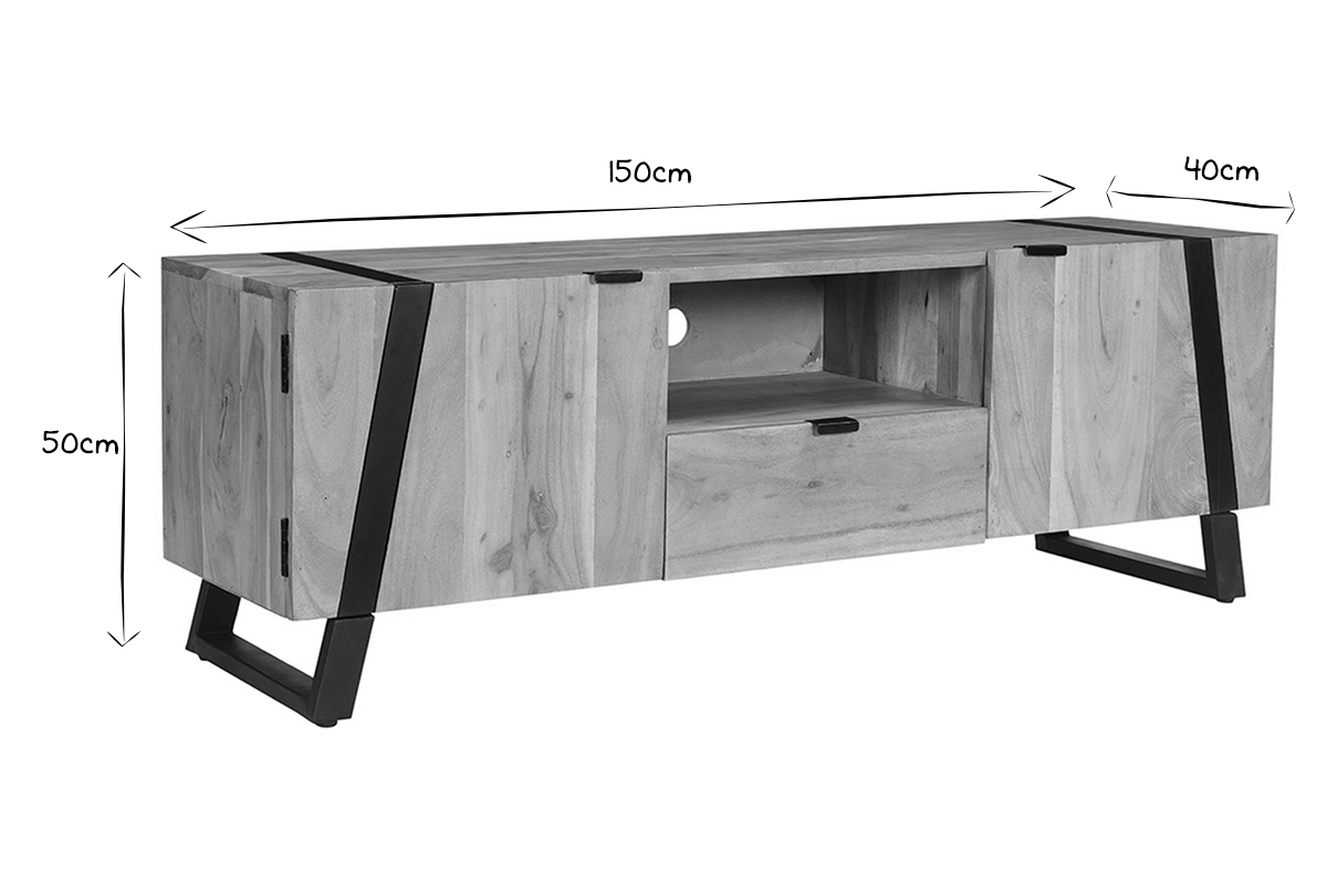 Meuble TV en bois massif et mtal noir L150 cm ALVARO