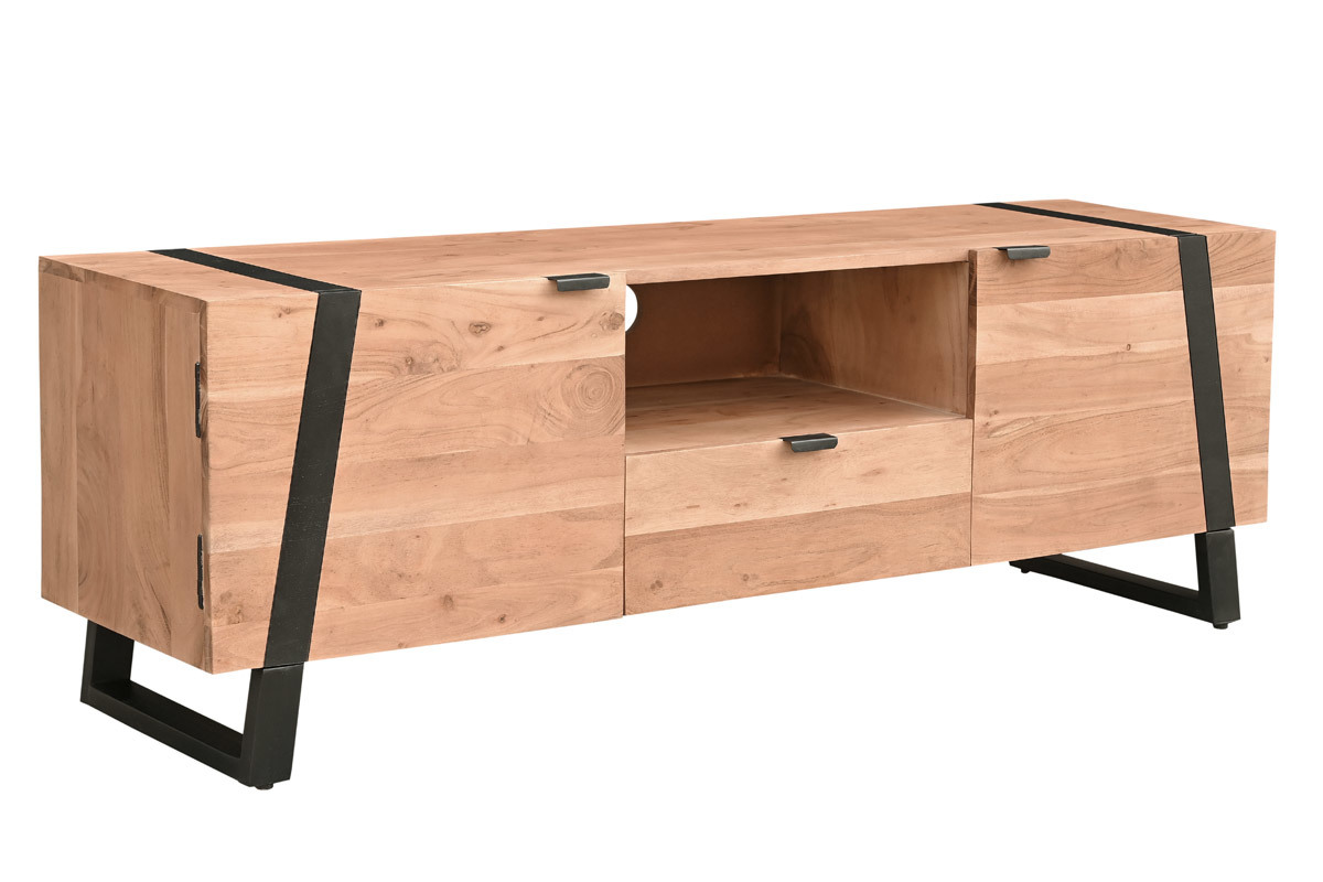 Meuble TV en bois massif et mtal noir L150 cm ALVARO