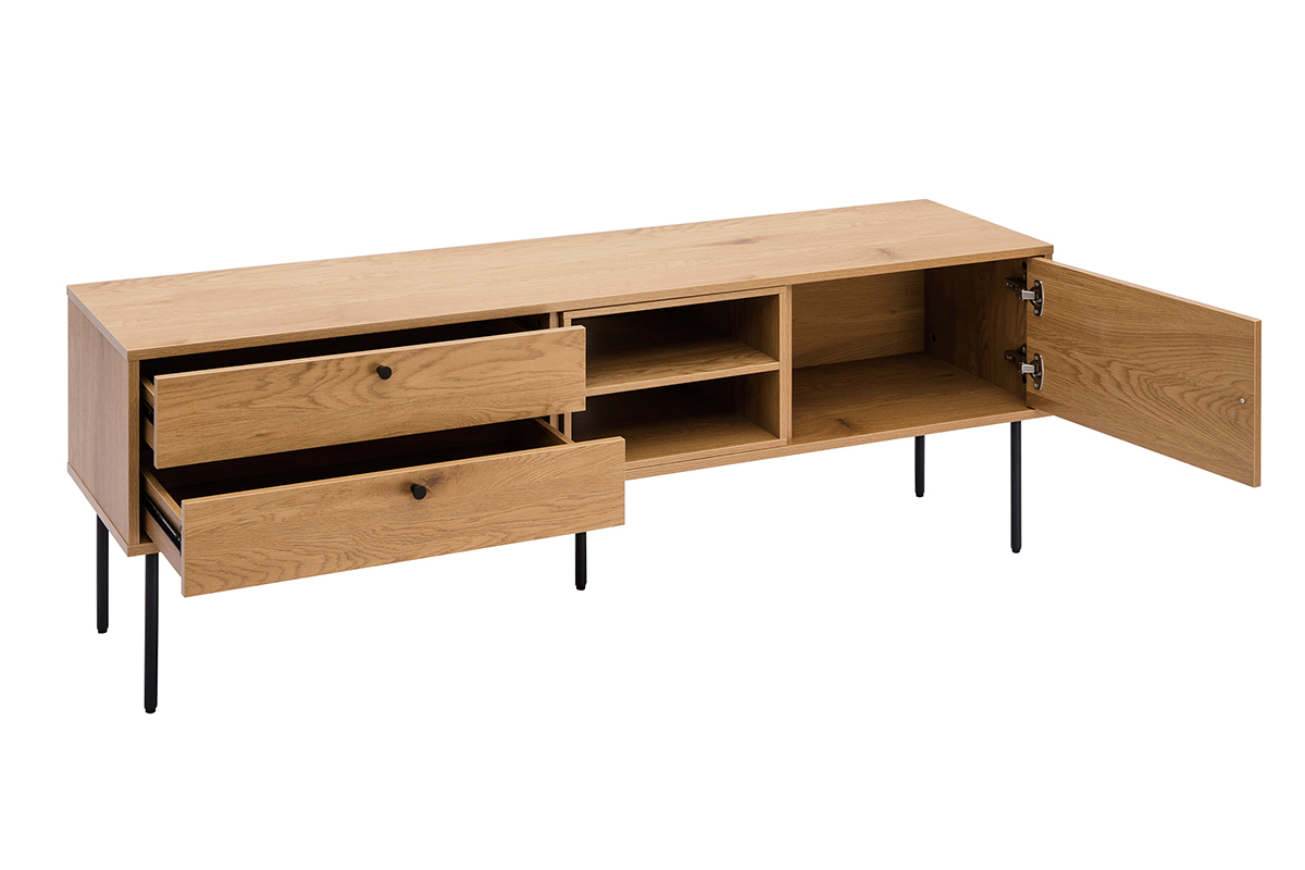 Meuble TV finition en bois clair chne et mtal noir L160 cm PERNELLE