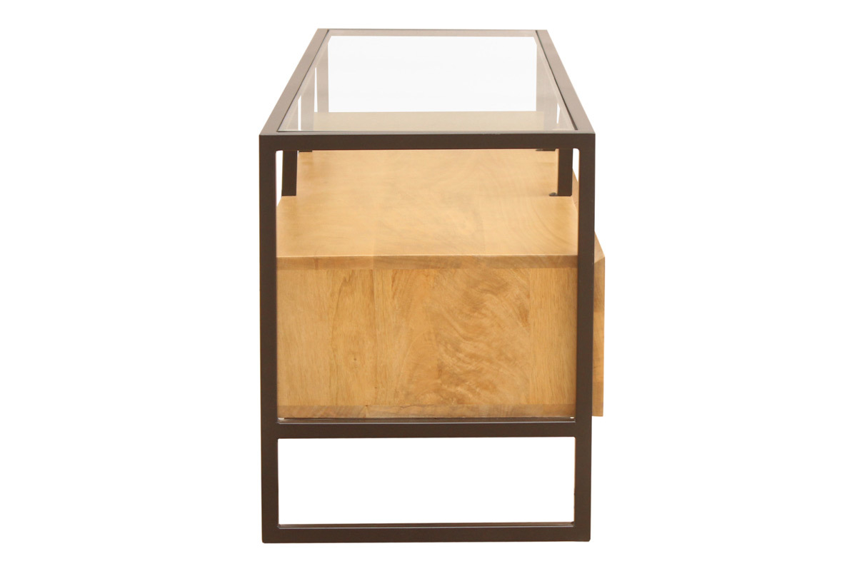 Meuble TV rectangulaire avec rangements en bois manguier massif, verre et mtal noir L150 cm DIYA