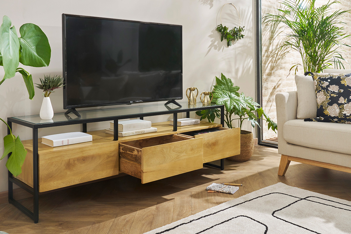 Meuble TV rectangulaire avec rangements en bois manguier massif, verre et mtal noir L150 cm DIYA