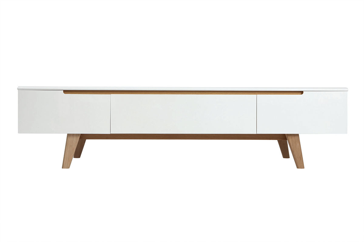 Meuble TV scandinave blanc brillant et bois L180 cm MELKA