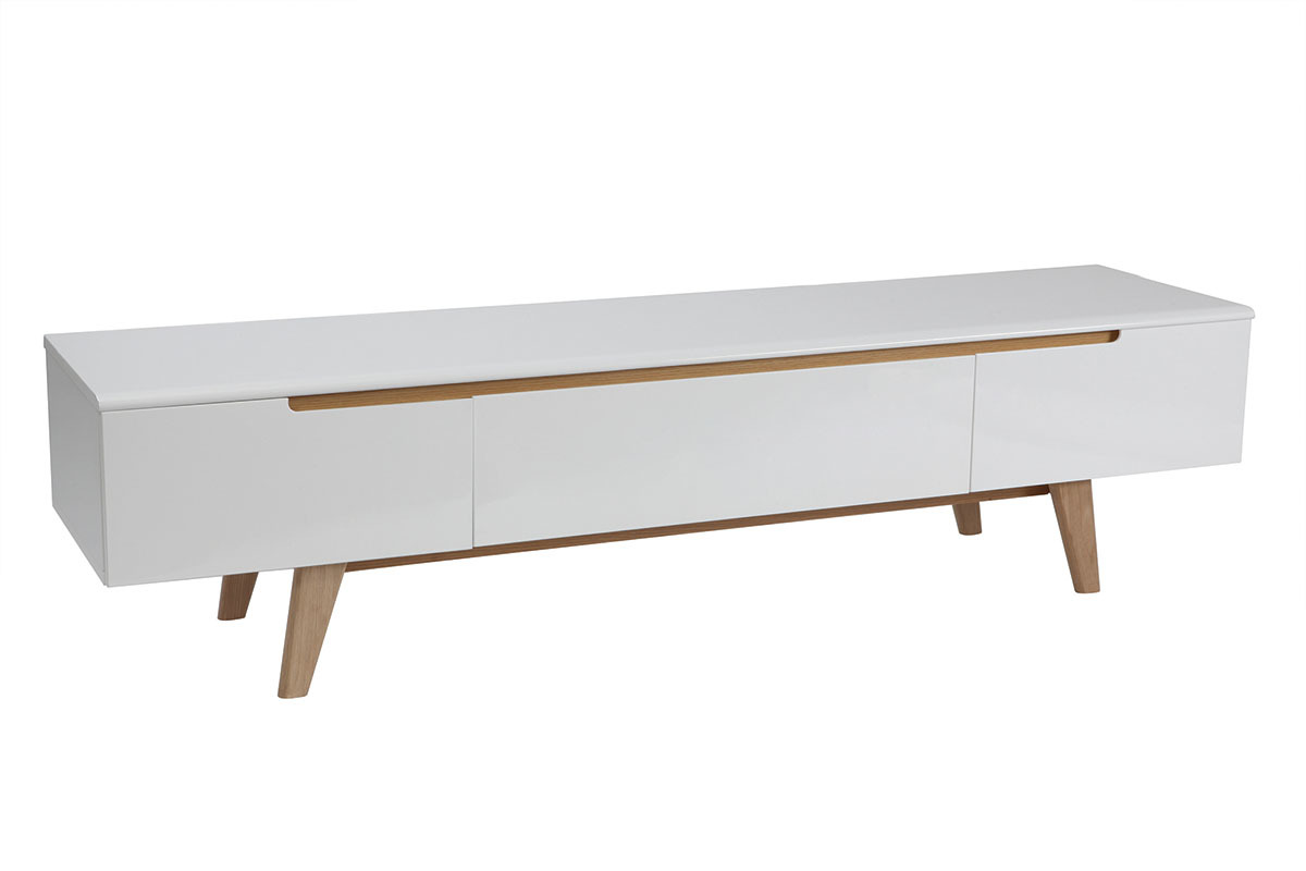 Meuble TV scandinave blanc brillant et bois L180 cm MELKA