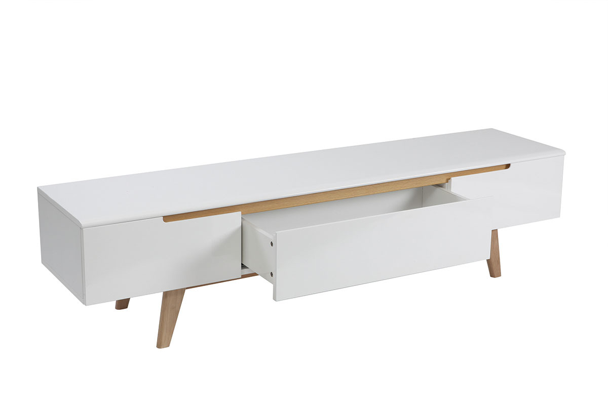 Meuble TV scandinave blanc brillant et bois L180 cm MELKA