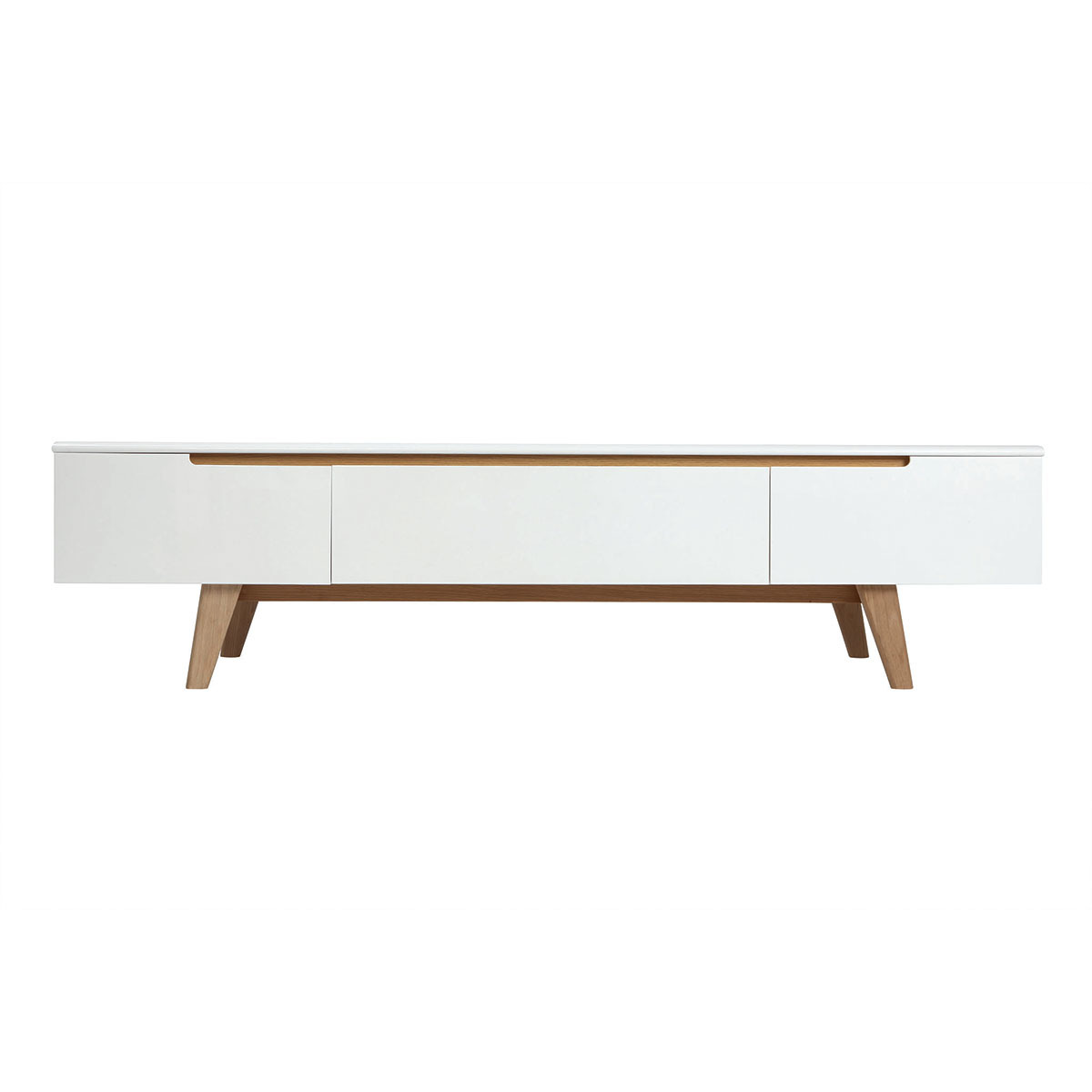 Meuble TV scandinave blanc brillant et bois L180 cm MELKA