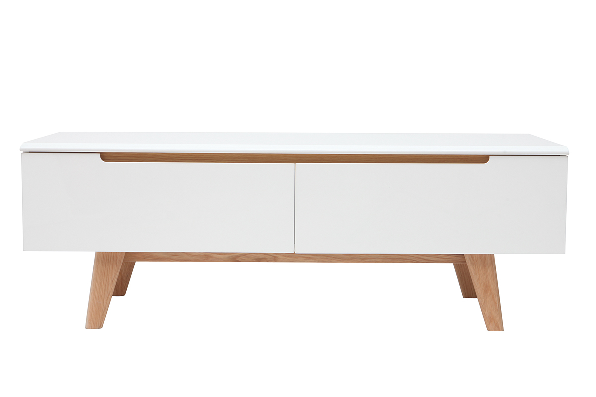 Meuble TV scandinave blanc brillant et bois MELKA