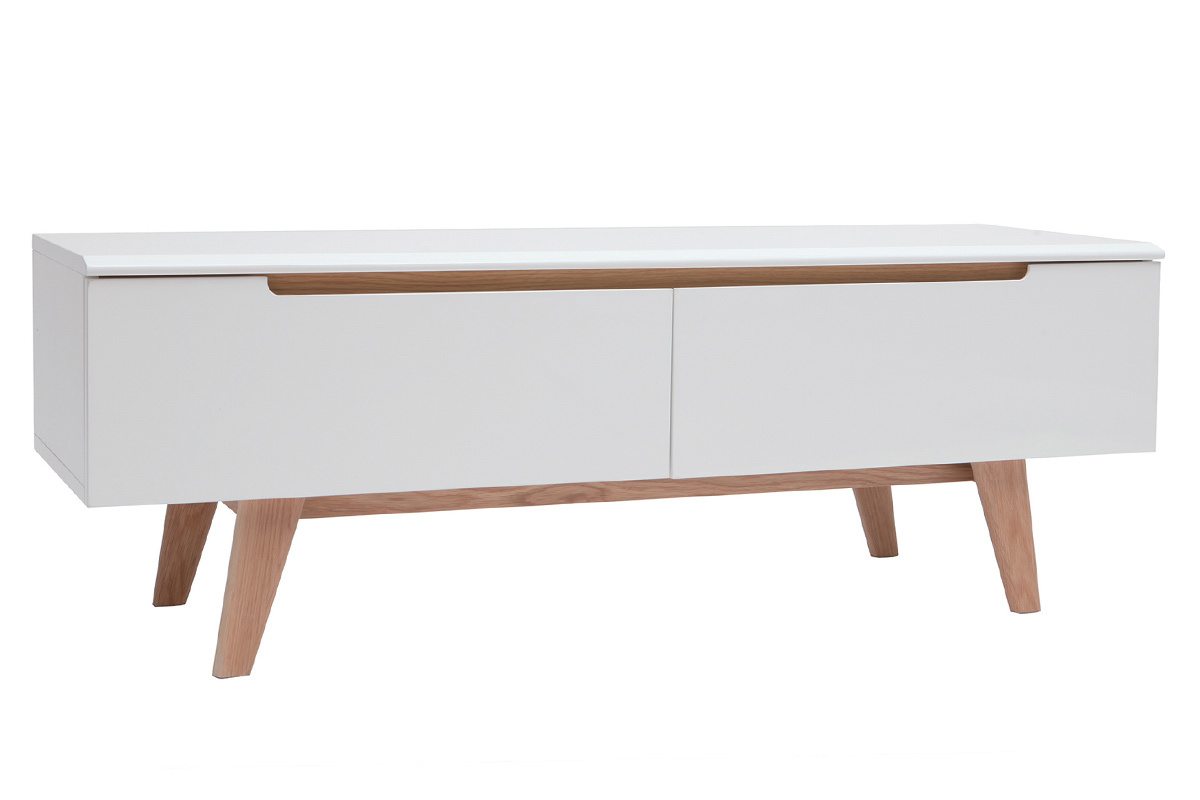 Meuble TV scandinave blanc brillant et bois MELKA