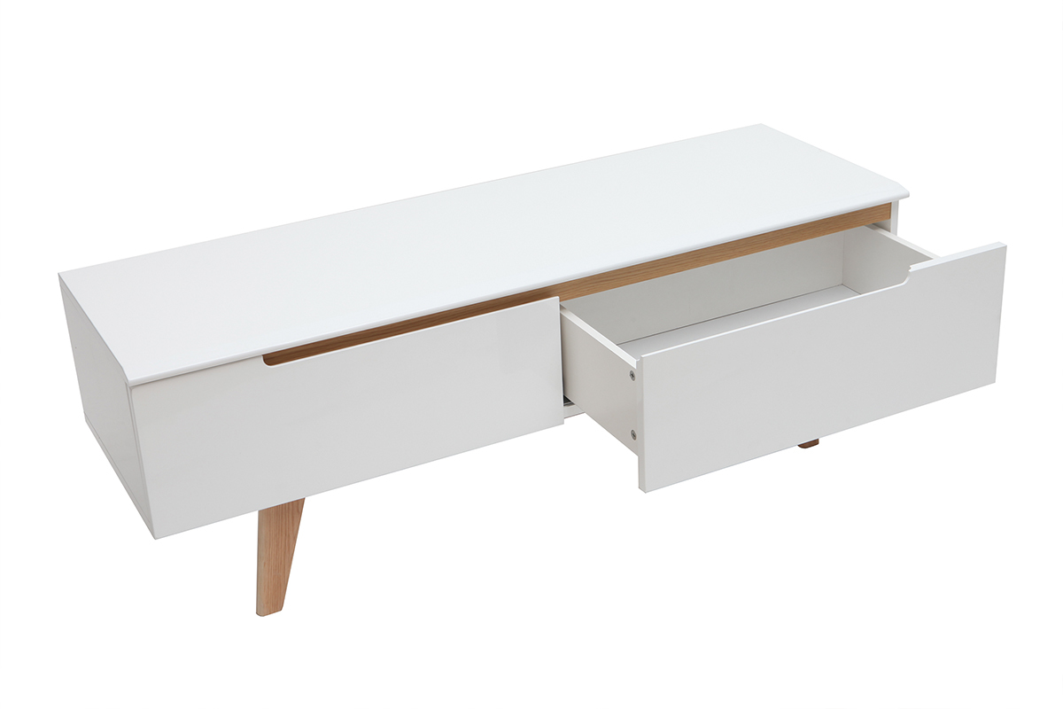 Meuble TV scandinave blanc brillant et bois MELKA