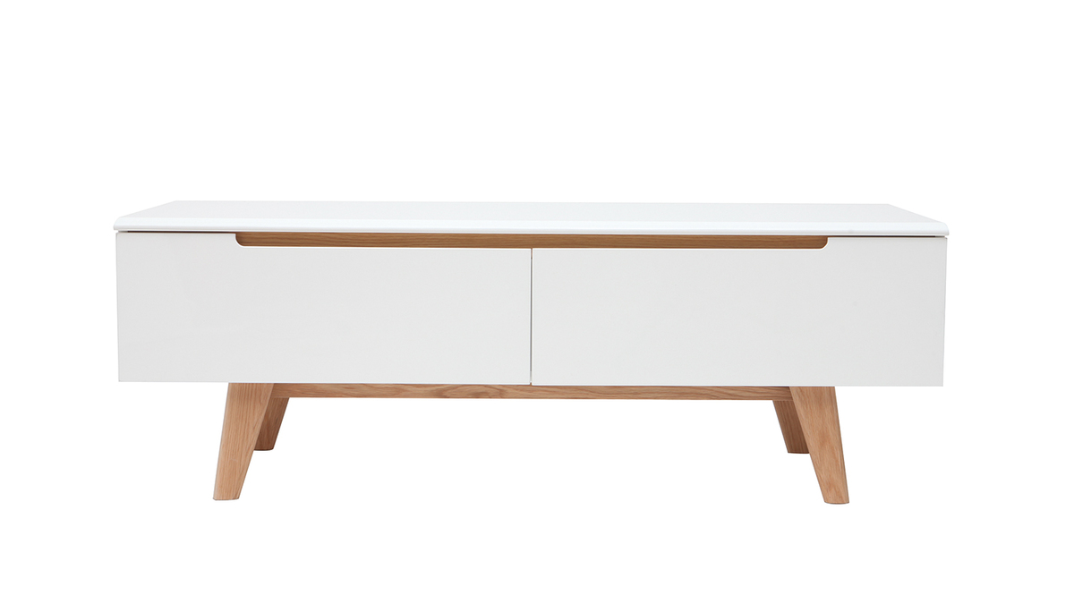 Meuble TV scandinave blanc brillant et bois MELKA