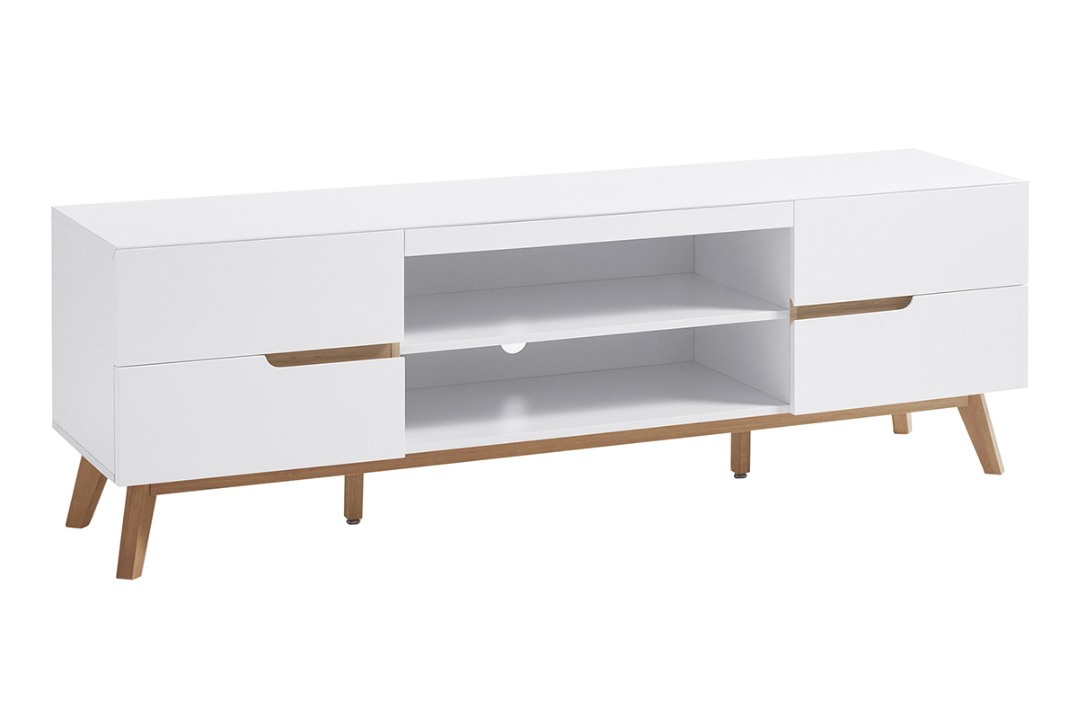 Meuble TV scandinave blanc mat et bois L169 cm SKIVE