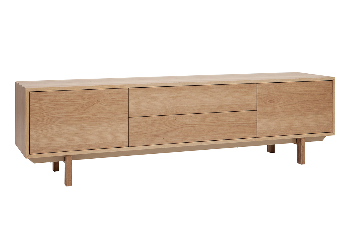 Meuble TV scandinave bois clair chne 2 portes 2 tiroirs L180cm SID