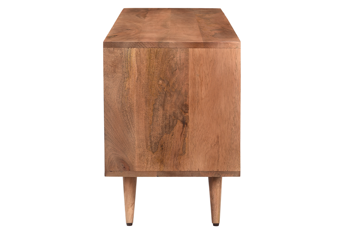 Meuble TV vintage en bois fonc manguier massif avec portes graves motif pointe de diamant L115 cm HIRA