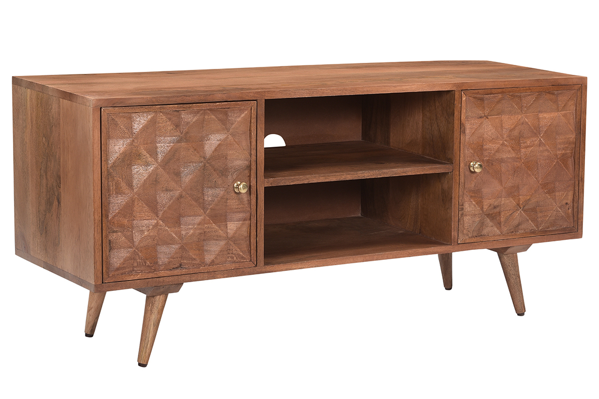 Meuble TV vintage en bois fonc manguier massif avec portes graves motif pointe de diamant L115 cm HIRA