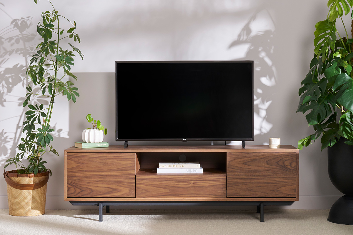 Meuble TV vintage en bois fonc niche ouverte L160 cm MANNY