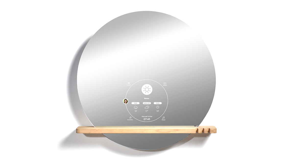 Miroir rond connect design avec tagre en chne EKKO