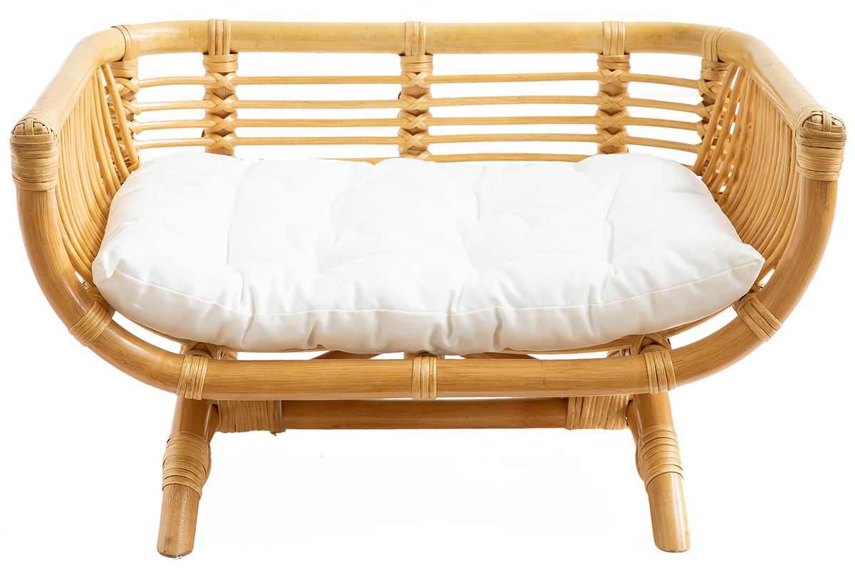 Panier design pour chat et petit chien en rotin naturel avec coussin blanc L55 cm SELMA