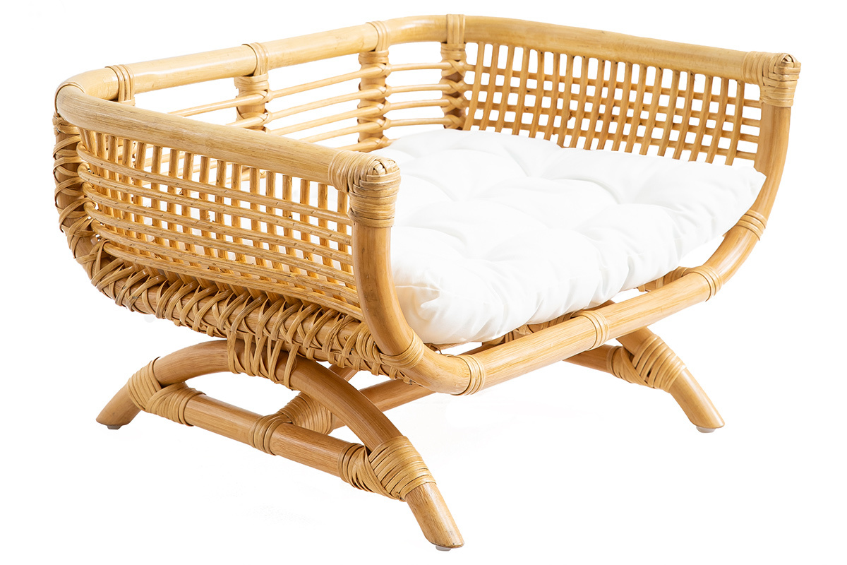 Panier design pour chat et petit chien en rotin naturel avec coussin blanc L55 cm SELMA