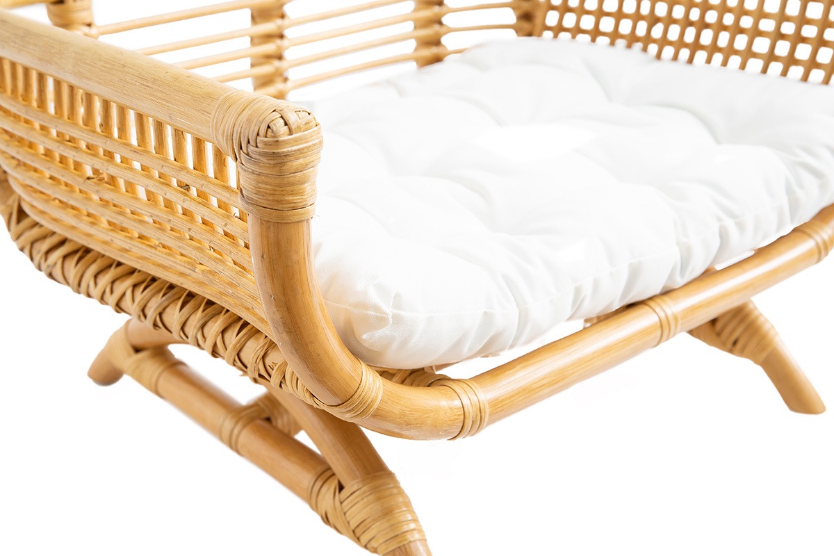 Panier design pour chat et petit chien en rotin naturel avec coussin blanc L55 cm SELMA