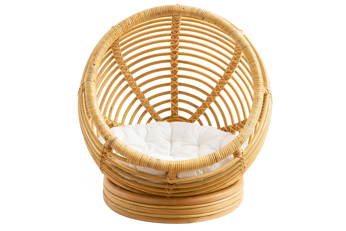 Panier rond design pour chat et chien en rotin naturel avec coussin blanc L43 cm HADLEY