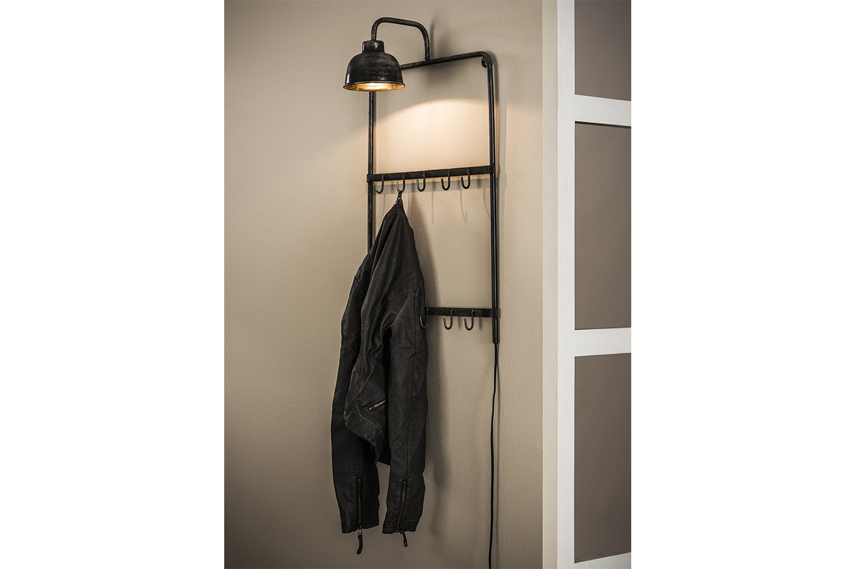 Porte-manteau mural avec lampe en mtal vieilli MOBY