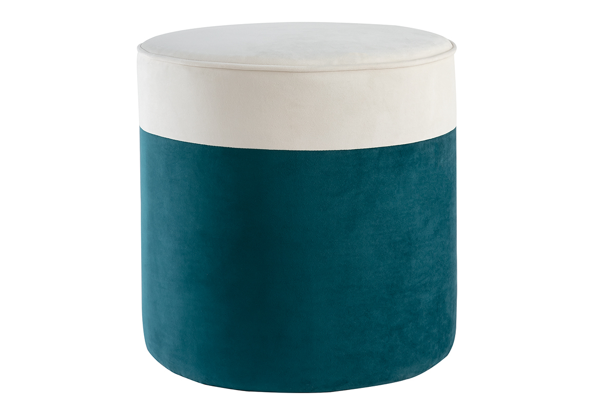 Pouf design bicolore en tissu velours blanc crme et bleu paon D40 cm DAISY