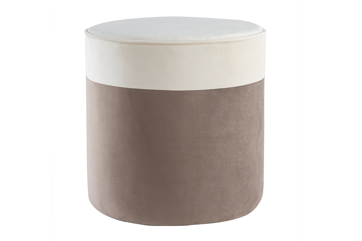 Pouf design bicolore en tissu velours blanc crme et taupe D40 cm DAISY