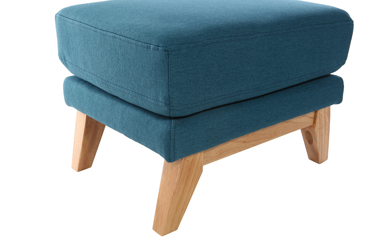 Pouf repose-pieds dhoussable scandinave en tissu bleu canard et bois clair OSLO