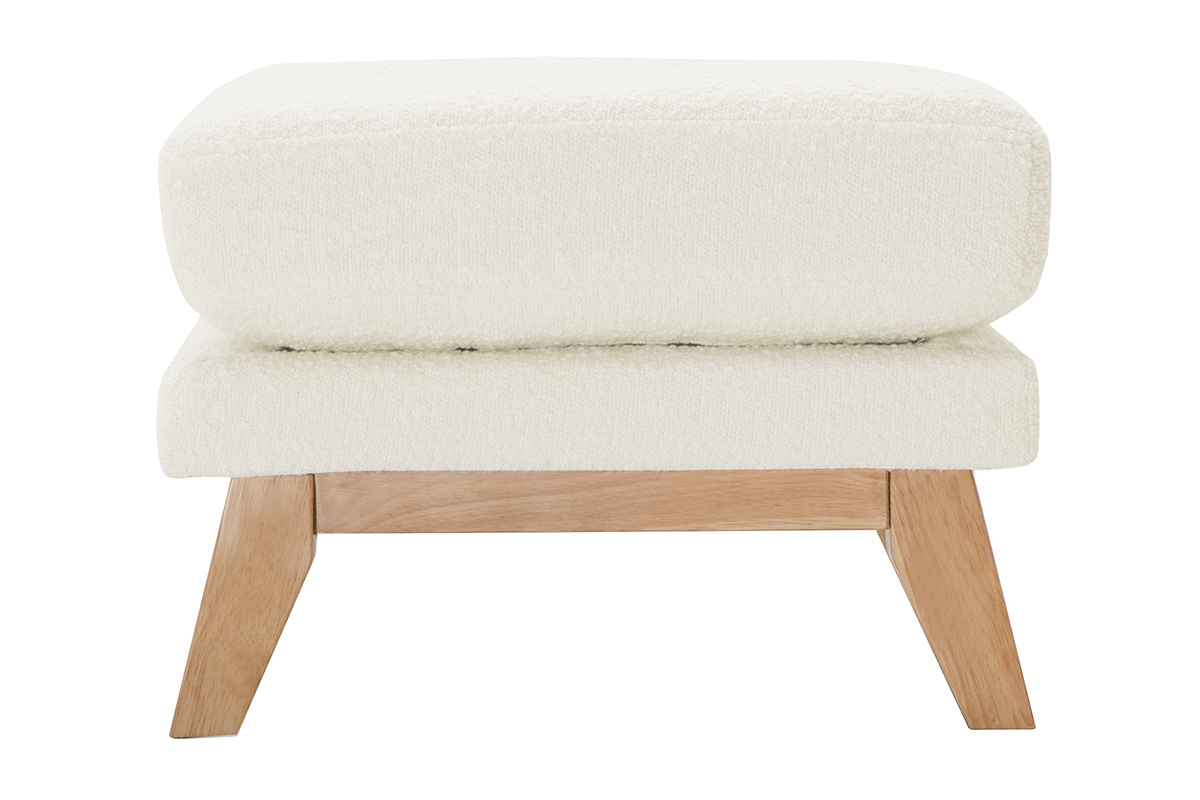 Pouf repose-pieds dhoussable scandinave en tissu effet laine boucle blanc cass et bois clair OSLO