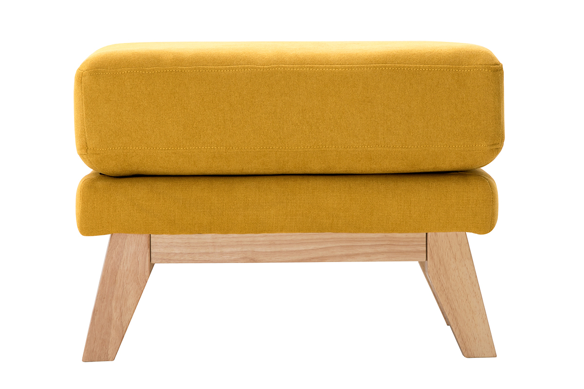 Pouf repose-pieds dhoussable scandinave en tissu effet velours jaune moutarde et bois clair OSLO