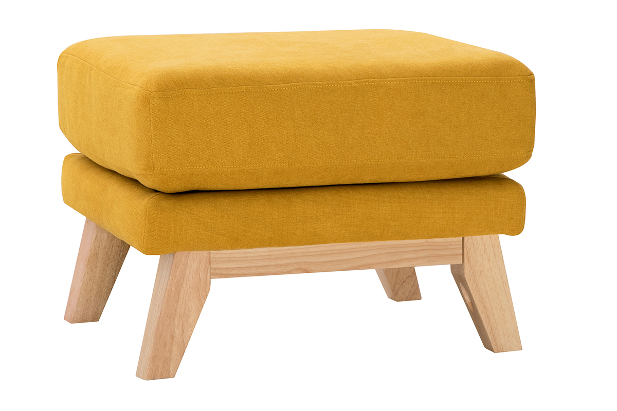 Pouf repose-pieds dhoussable scandinave en tissu effet velours jaune moutarde et bois clair OSLO