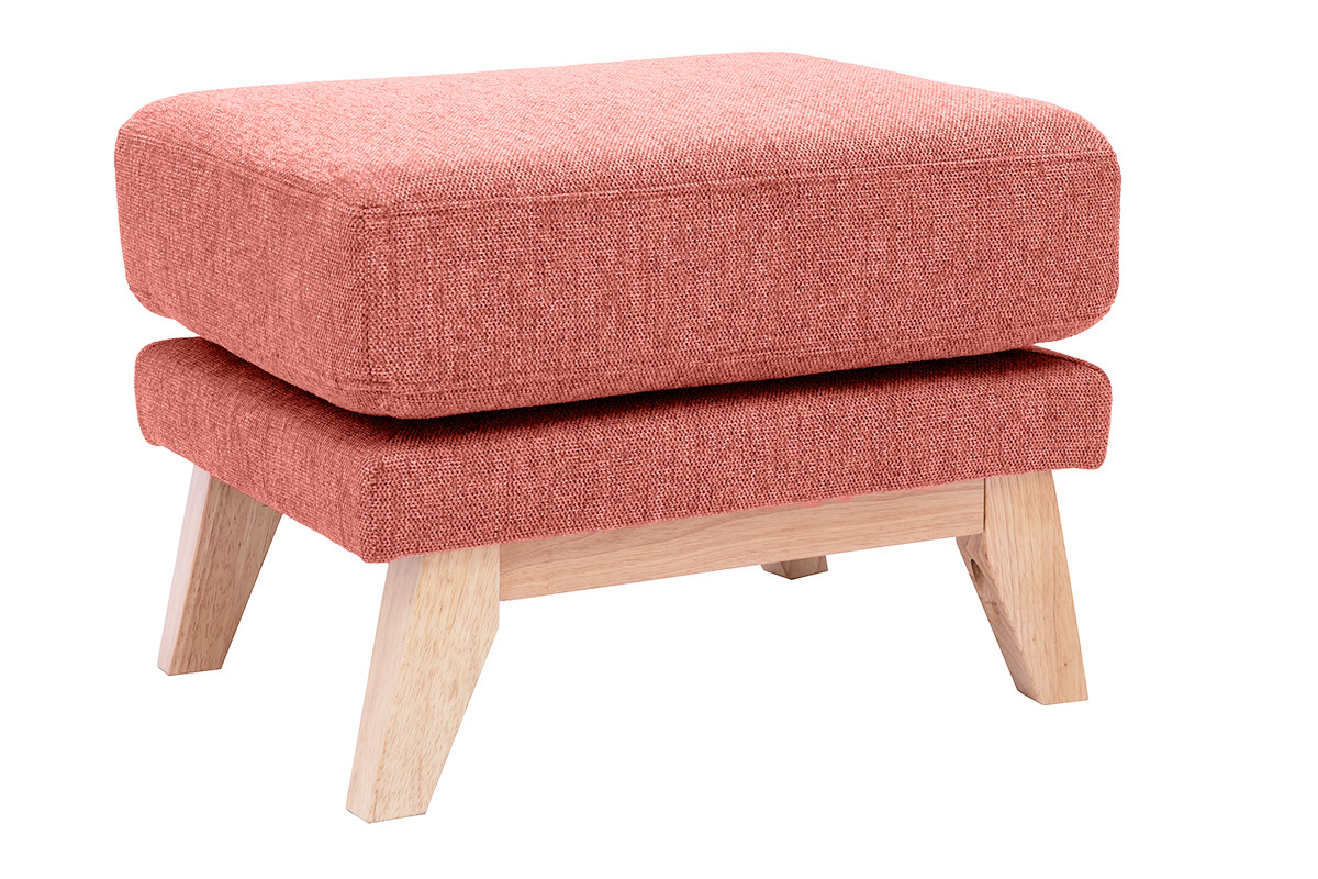 Pouf repose-pieds dhoussable scandinave en tissu effet velours textur terracotta et bois clair OSLO