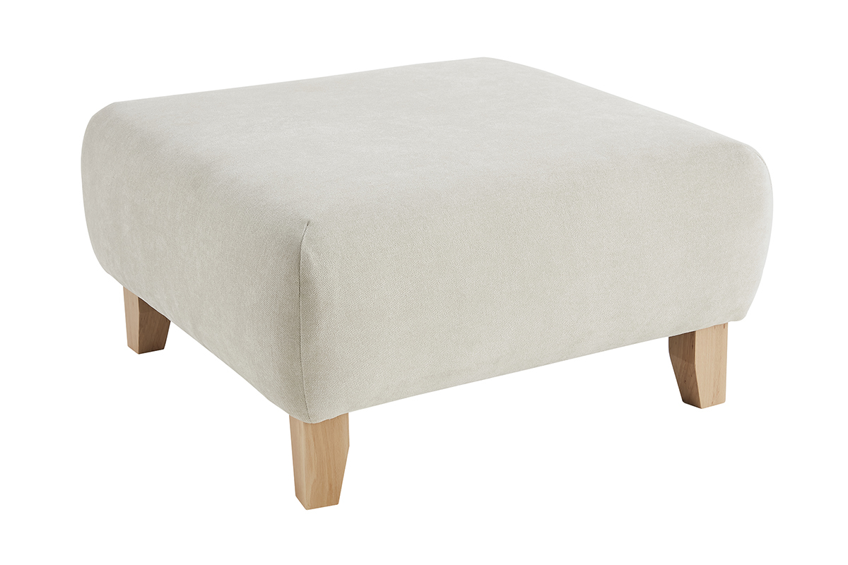 Pouf repose-pieds en tissu effet velours textur beige et bois clair massif L75 cm ODEON