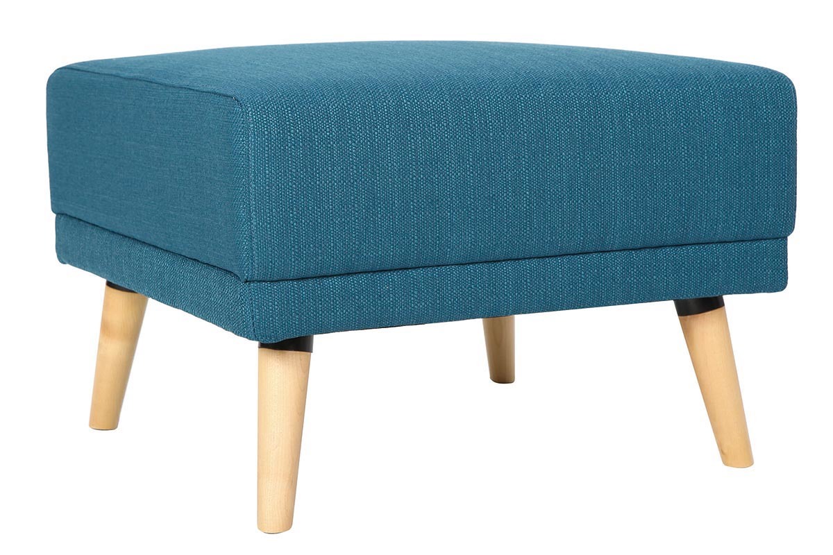 Pouf repose-pieds scandinave en tissu bleu canard et bois clair ULLA