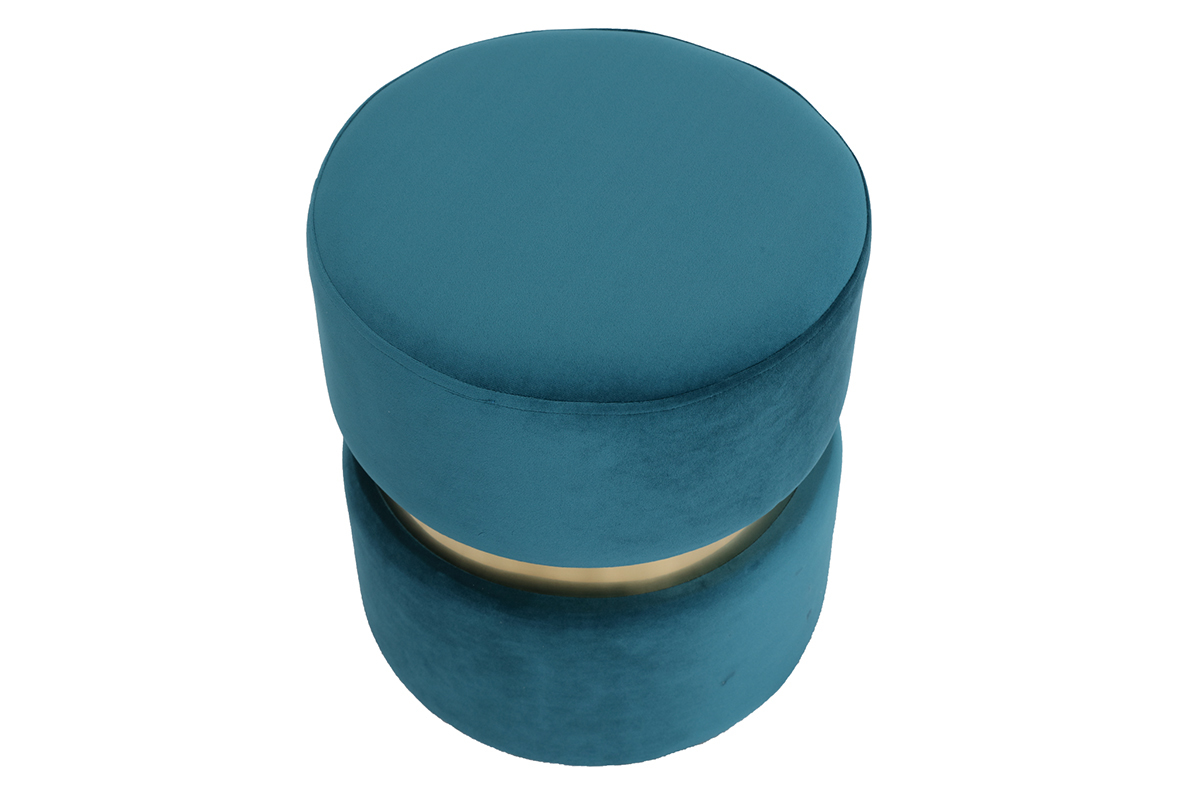 Pouf rond design en tissu velours bleu canard et mtal dor D35 cm JOY