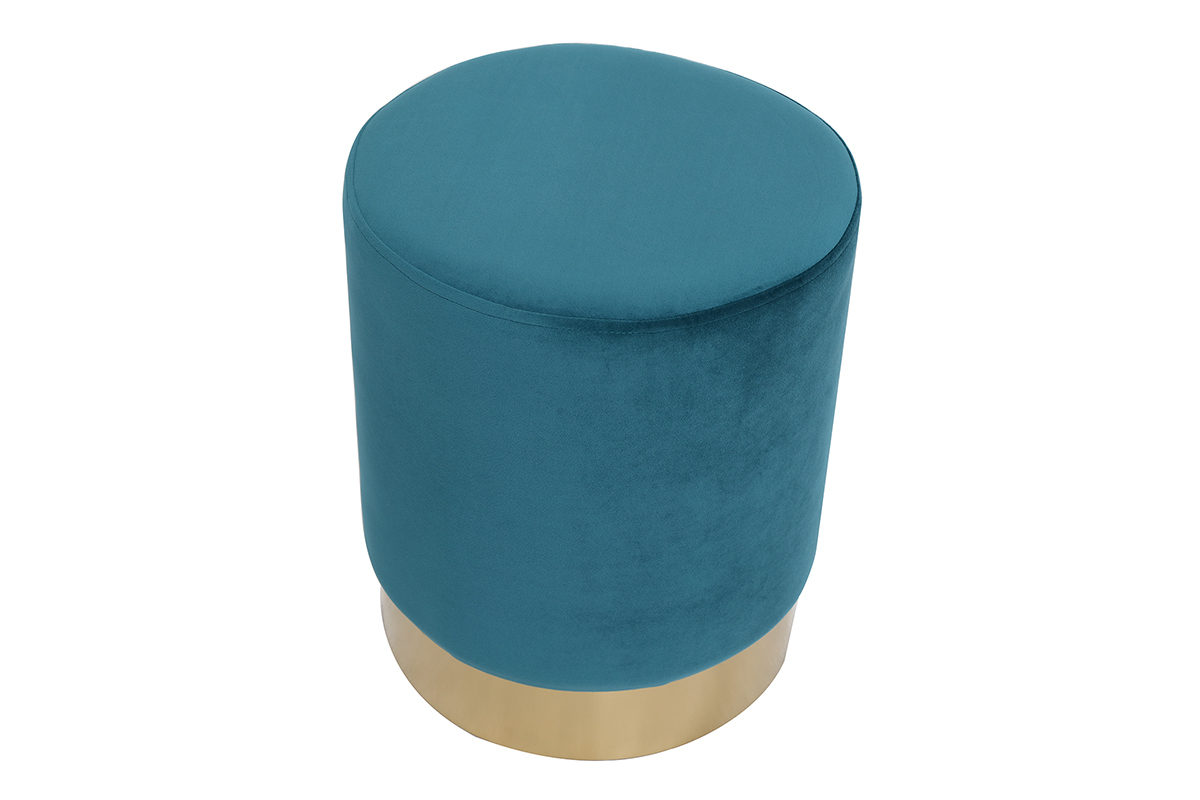 Pouf rond design en tissu velours bleu canard et mtal dor D38 cm AMAYA