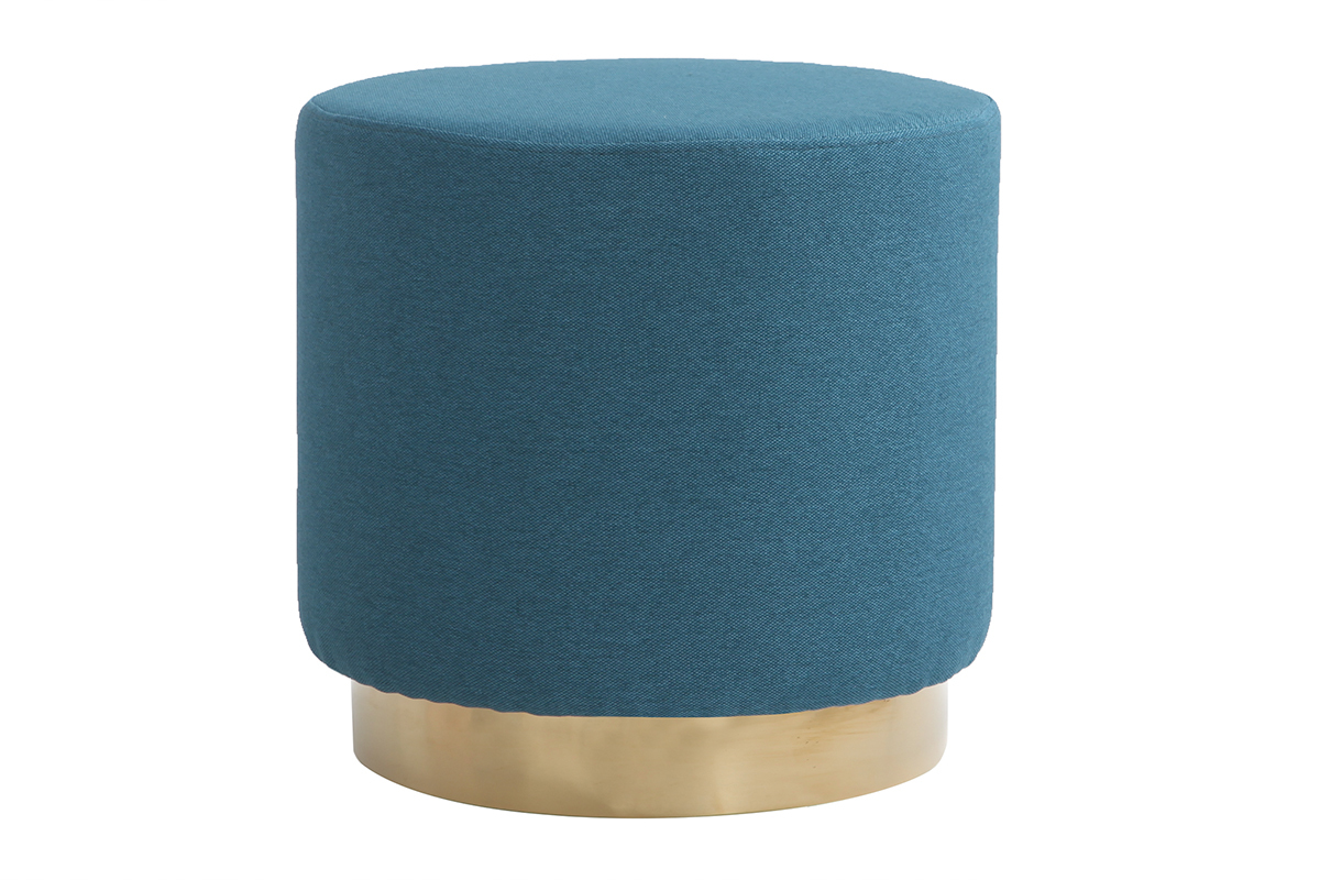 Pouf rond en tissu bleu canard et mtal dor BETTY