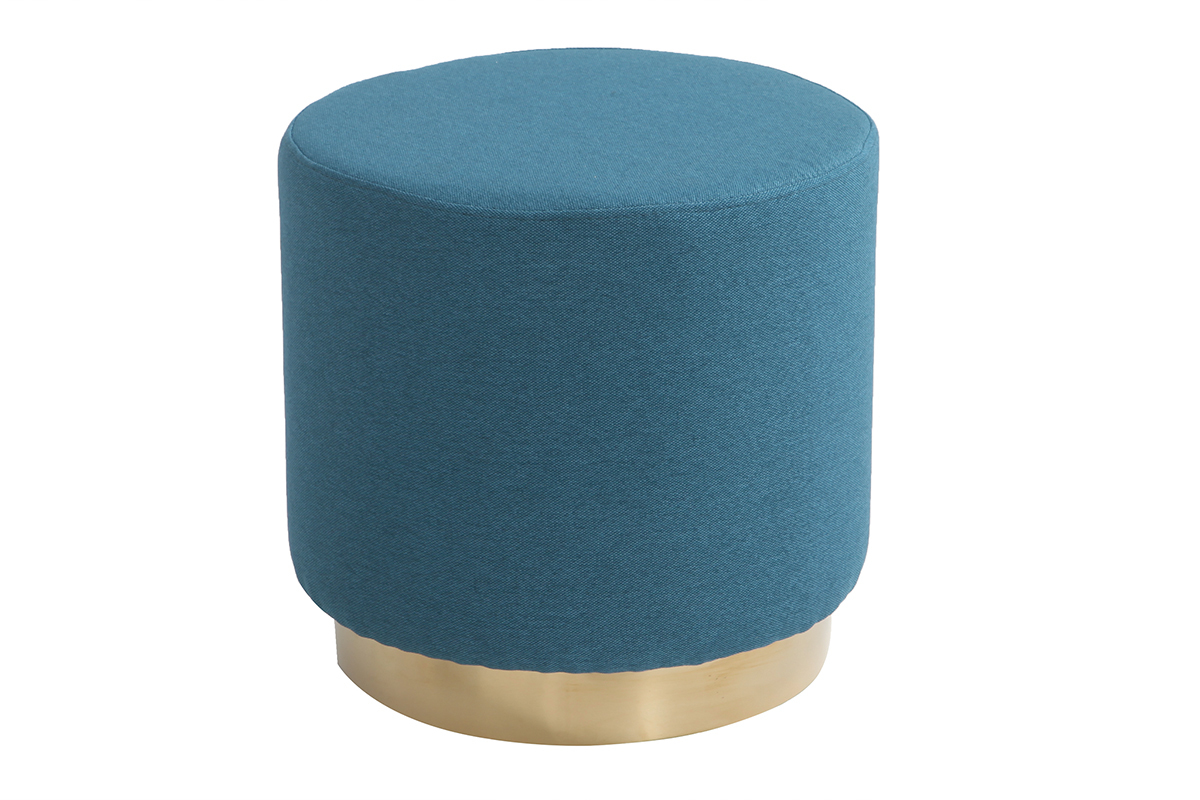 Pouf rond en tissu bleu canard et mtal dor BETTY