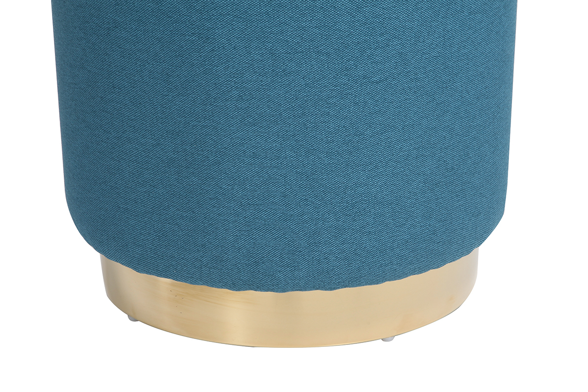 Pouf rond en tissu bleu canard et mtal dor BETTY