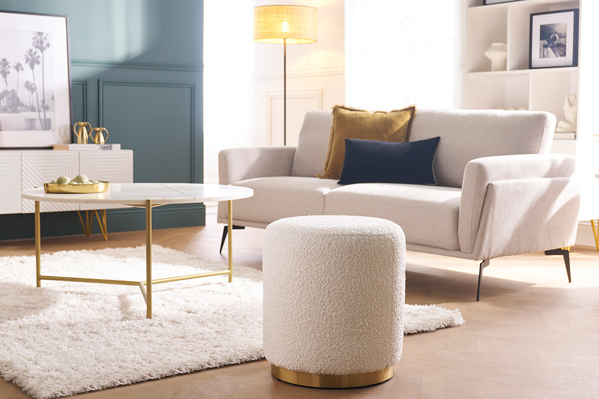 Pouf rond en tissu effet laine boucle blanc cass et mtal dor D40 cm AMAYA