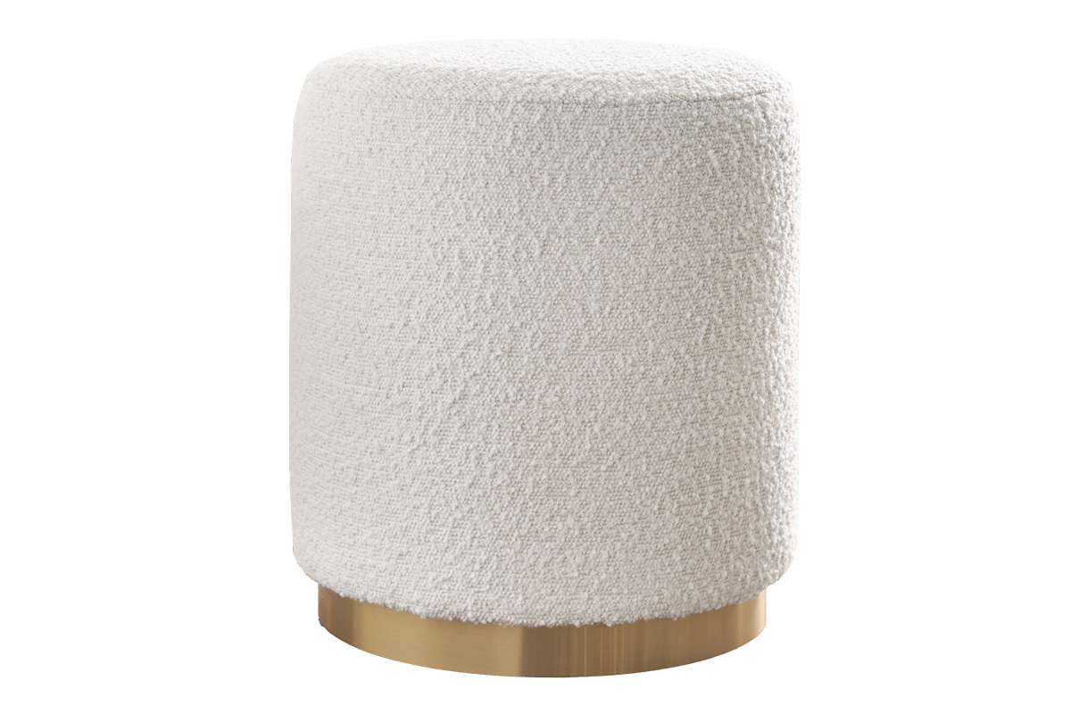 Pouf rond en tissu effet laine boucle blanc cass et mtal dor D40 cm AMAYA