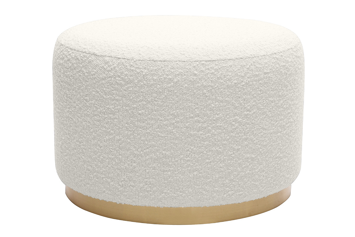 Pouf rond en tissu effet laine boucle blanc cass et mtal dor D54 cm AMAYA