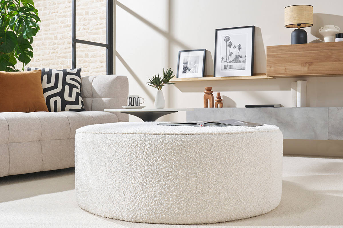 Pouf rond en tissu effet laine boucle blanc D100 cm SIMON