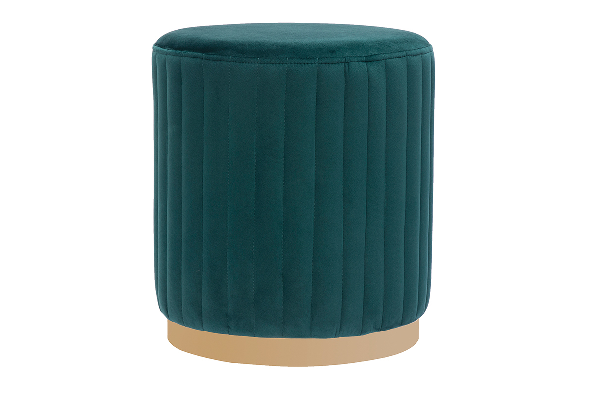 Pouf rond en tissu velours bleu canard et mtal dor D40 cm DONA